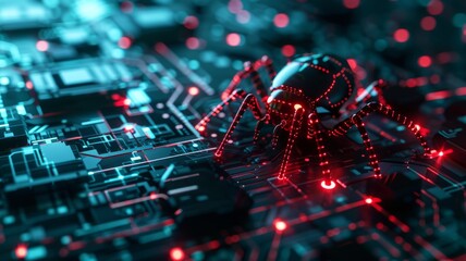 Poster - Futuristic spider robot on a circuit board - Advanced technology concept featuring a spider robot with illuminated details on a complex circuit board