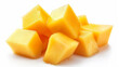 slices of cheese on a plate mango cubes on a white background