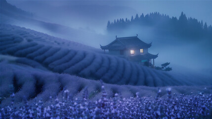 Wall Mural - House with windows light in Lavender flowers farm field in foggy night