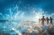 © SnapVault - Young people run through the sparkling ocean waters, with the sun overhead casting a radiant glow over their lively play. Enjoying the beach and welcoming the summer.