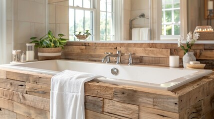 Wall Mural - A reclaimed wood bathtub paneling serves as the focal point in this bathroom exuding a charming and organic feel. The warm tones of the wood complement the neutral color palette creating .