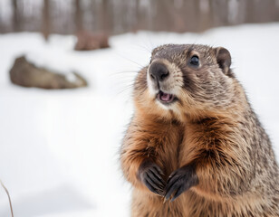 Wall Mural - The groundhog, commonly referred to as a woodchuck, is a member of the Sciuridae family, closely related to the marmots, a group of sizable ground squirrels. It typically inhabits lowland areas.