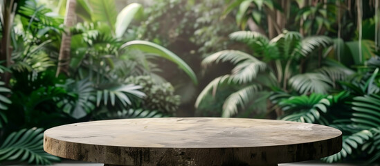 Naklejka na meble blank podium tropical forest on background, wood, stone