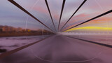 Fototapeta Na ścianę - A glass sky train tunnel along city beach in a sunset time (3D Rendering)