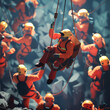 Stylized 3D illustration of an emergency rescue worker rappelling amidst multiple figures