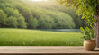 An illustration of spring-summer beautiful background with green, juicy young grass and an empty wooden table in the outdoor nature.generative.ai