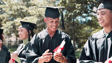 Sticker - Happy man, students and handshake with certificate for graduation ceremony, education or qualification. Young male person, friends or graduates with smile for diploma, paper or degree outside campus