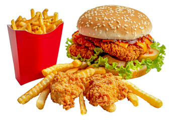 Wall Mural - A red box of fries sits next to a hamburger and a salad, cut out - stock png.