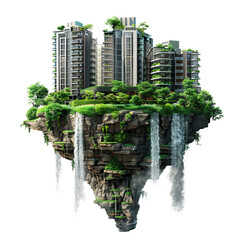 Wall Mural - 3d illustration modern apartment condominium building floating with beautiful landscape waterfalls on the patch of land, eco friendly concept, isolated on white background, png
