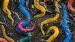 A group of vibrantcolored roundworms feasting on microscopic debris in a mud sample illustrating their role in soil decomposition.