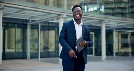 Wall Mural - Pointing to you, tablet and business man in city excited for work, career and job by office building. Professional, corporate and portrait of person with hand gesture for decision, choice and hiring