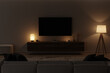 © Oleksandr Shcherban/Stocksy - TV screen in modern interior with sofa in darkness, 3d render