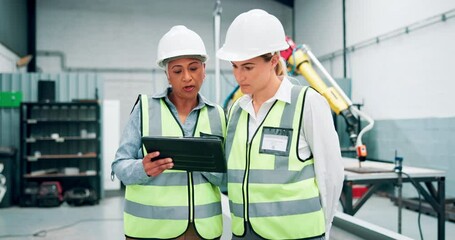 Aufkleber - Tablet, teamwork and engineer in discussion, planning and robotic manufacturing at factory with manager. Tech, warehouse or collaboration of women together for production, automation and industry 4.0