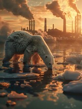 Climate Crisis, Polar Bear, Melting Glaciers, Industrial Chimneys And Smoke, Polluted Air