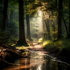 Canvas Print - A tranquil forest with sunlight filtering through the canopy