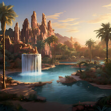Desert Oasis With A Magical Fountain.