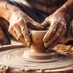 Wall Mural - Close-up of a potters hands shaping clay on a wheel