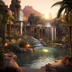 Sticker - Desert oasis with a magical fountain. 