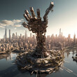Robotic arm assembling a city skyline in mid-air