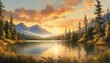 forest and mountains digital painting 4k background wallpaper of forest trees pines clouds mountains and sunset over a lake beautiful drawing sketch of digital nature landscape
