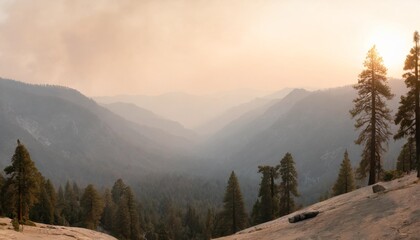 Wall Mural - landscape in sequoia national park in sierra nevada mountains on a sunny day smoke from wildfires visible in the background covering the fresno area