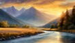 a picturesque painting of a serene mountain scene with a flowing river perfect for nature enthusiasts and those seeking a sense of tranquility