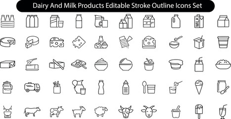 Dairy and milk products editable stroke outline icons set isolated on white background flat vector illustration.