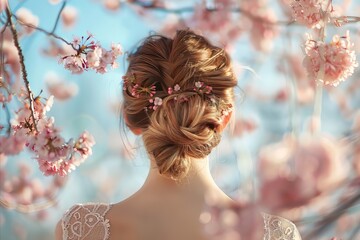 Canvas Print - Back View Woman With Sakura falls