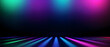 Blurred neon light. Disco illumination. Soft texture of defocused blue pink green ultraviolet rays on dark abstract empty space background