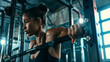 Fitness coach livestreaming a high-intensity workout, dynamic gym setting
