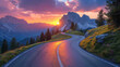 Mountain road at colorful sunset in summer. Dolomites, Italy. Beautiful curved roadway, rocks, stones, blue sky with clouds. Landscape with empty highway through the mountain pass in spring. Travel.