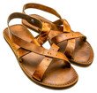Two brown sandals with a leather strap and a buckle, cut out - stock png.