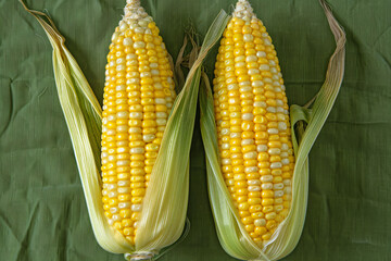 Wall Mural - Fresh yellow sweetcorn on the cob with green husks, perfect for summer eating