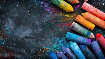 Wall Mural - Close up of multicolor chalk on black background ,Photo of colorful drawing and oil pastels crayons, texture for background. Selective focus , A lot of colorful chalk lying on the dirty white desk
