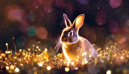 Wall Mural - rabbit sitting on dark night magic field with neon colorful lights fairy tail easter bunny creative holiday design for card banner poster with copy space