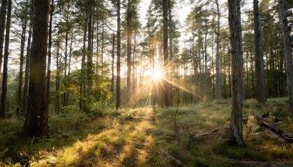 Poster - beautiful rays of sunlight in a green forest