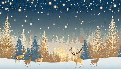 Wall Mural - fir forest snowy winter landscape with deers at night seemless border pattern blue panorama vector illustration global colors