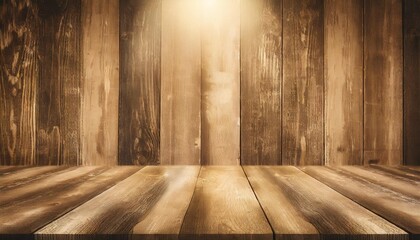 Wall Mural - old planks wall and table with light empty space vintage wooden background and spotlight showroom