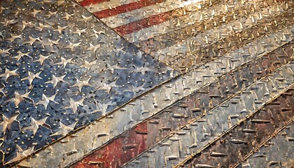 Poster - red white and blue american old glory flag rough textured metal diamond plate background with american flag layered