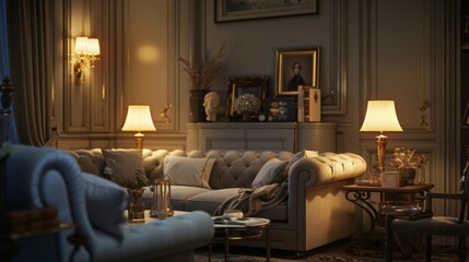 Wall Mural - A beautifully decorated living room with a plush grey sofa, stylish armchair, and ambient glowing lamps, exuding a sense of coziness and tranquility perfect for unwinding after a long day