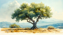 Olive Tree Vector Illustration. Hand Drawn Watercolor. Vector Illustration Desing.
