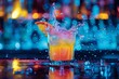 A vibrant cocktail in a glass with a neon light splash set against a dark