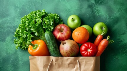 Wall Mural - Eco-friendly grocery shopping concept with a brown paper bag full of fresh fruits and vegetables on a green background.