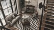 A cozy monochrome living room with plush seating arrangements and warm wooden elements contrasting beautifully against the cool grey tiling accents, anchored by a chic chevron pattern rug