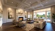 An inviting living space with polished hardwood floors, a beautifully detailed coffered ceiling, and a roaring fire in the fireplace of a new luxury home