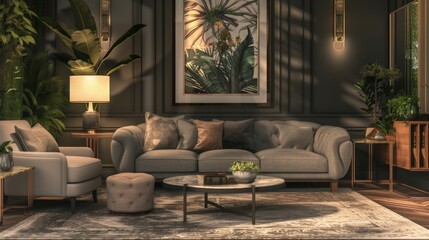 Wall Mural - A beautifully decorated living room with a plush grey sofa, stylish armchair, and ambient glowing lamps, exuding a sense of coziness and tranquility perfect for unwinding after a long day