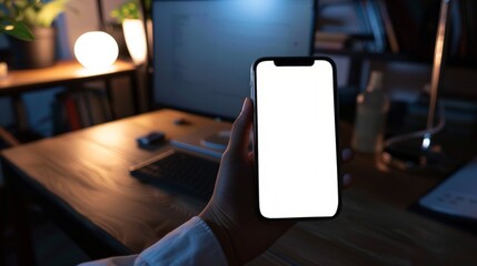 Wall Mural - close-up on hand holding phone showing white screen on desk