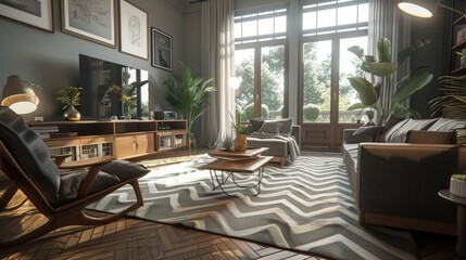 Wall Mural - A chic monochrome living room exuding sophistication, with refined wooden furnishings and delicate grey tiling accents, anchored by a statement chevron pattern rug.