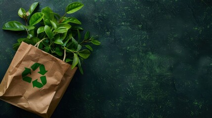 Wall Mural - Green plants in a brown paper bag with a recycling symbol on a dark green background in a flat lay top view.