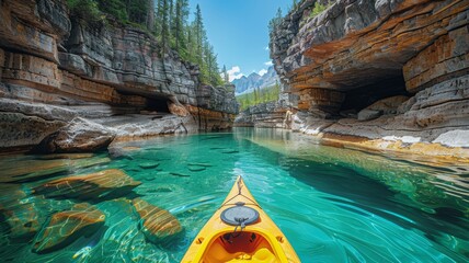 Wall Mural - Kayaking in the crystal-clear waters of Banff, a person in a kayak on a mountain lake